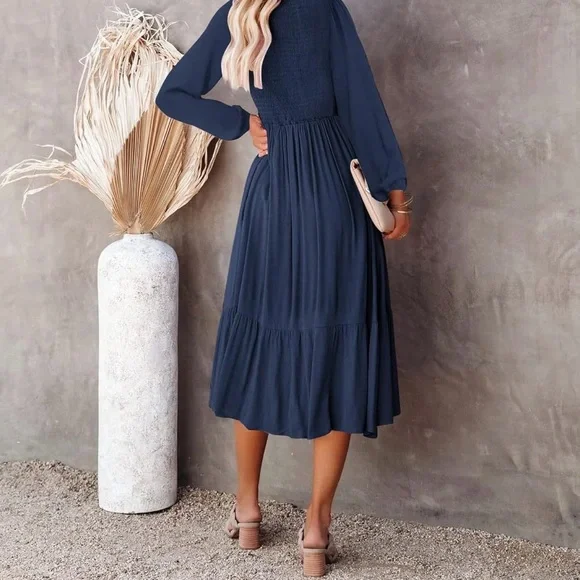 Zwurew V Neck Long Sleeve Rouched Bodice Dress in Navy Blue, Size XL - Picture 3 of 10